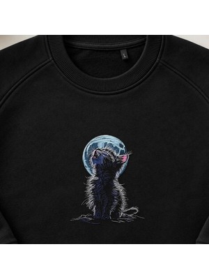 Aya Uluyan Kedi Nakışlı Bisiklet Yaka Sweatshirt Unisex