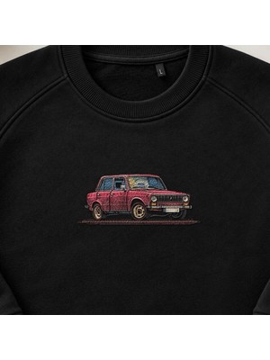 Vintage Kırmızı Klasik Sedan Nakışlı Bisiklet Yaka Sweatshirt Unisex