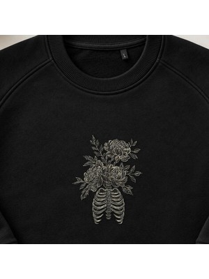 Çiçekli Göğüs Kafesi Iskelet Nakışlı Bisiklet Yaka Sweatshirt Unisex