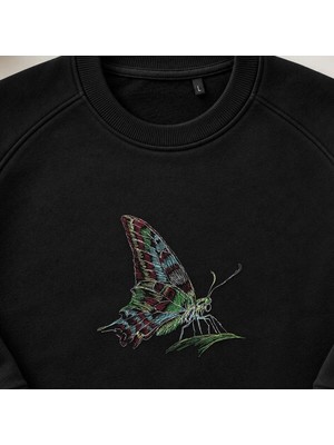 Boho Yeşil Kelebek Nakışlı Bisiklet Yaka Sweatshirt Unisex
