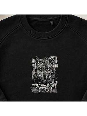 Avcı Kurt Kafası Nakışlı Bisiklet Yaka Sweatshirt Unisex