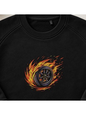Alevli Yarış Lastiği Nakışlı Bisiklet Yaka Sweatshirt Unisex