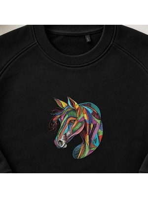 Gökkuşağı Geometrik At Kafası Nakışlı Bisiklet Yaka Sweatshirt Unisex