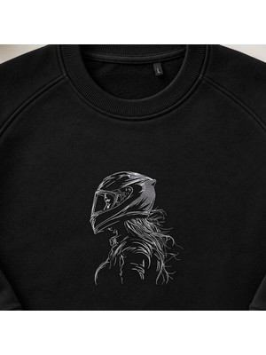 Kasklı Motorcu Kadın Nakışlı Bisiklet Yaka Sweatshirt Unisex