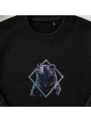 Geometrik Ayı Nakışlı Bisiklet Yaka Sweatshirt Unisex