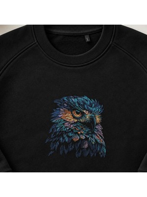 Mor Gotik Renkli Baykuş Nakışlı Bisiklet Yaka Sweatshirt Unisex
