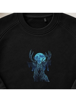 Mistik Geyik Ay ve Dünya Nakışlı Bisiklet Yaka Sweatshirt Unisex