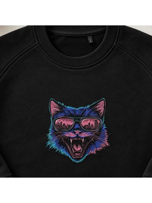 Neon Şehir Kedisi Siberpunk Nakışlı Bisiklet Yaka Sweatshirt Unisex