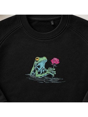 Gül Tutan Aşık Kurbağa Nakışlı Bisiklet Yaka Sweatshirt Unisex
