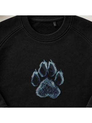 Mavi Tüylü Pati Izi Nakışlı Bisiklet Yaka Sweatshirt Unisex