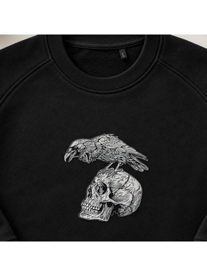 Kuzgun ve Kurukafa Gotik Nakışlı Bisiklet Yaka Sweatshirt Unisex