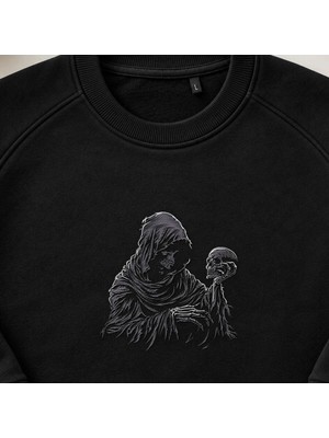 Gotik Kurukafa Azrail Nakışlı Bisiklet Yaka Sweatshirt Unisex