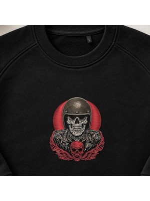 Kırmızı Kanatlı Kurukafa Motorcu Nakışlı Bisiklet Yaka Sweatshirt Unisex