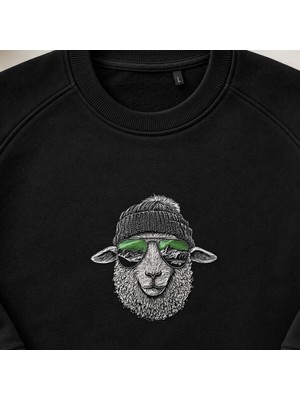 Bereli Gözlüklü Hipster Koyun Nakışlı Bisiklet Yaka Sweatshirt Unisex