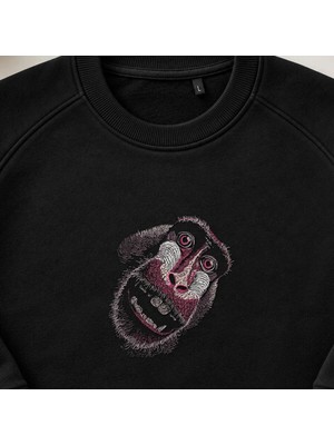 Komik Babun Yüzü Nakışlı Bisiklet Yaka Sweatshirt Unisex