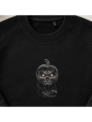 Balkabağı Kurukafa Korku Nakışlı Bisiklet Yaka Sweatshirt Unisex