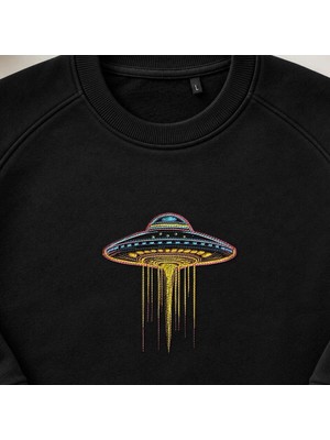 Neon Ufo Uzaylı Istilası Nakışlı Bisiklet Yaka Sweatshirt Unisex