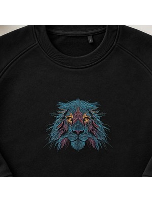 Neon Tribal Aslan Kafası Nakışlı Bisiklet Yaka Sweatshirt Unisex