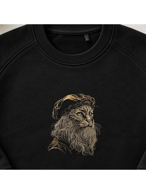 Rönesans Sakallı Kedi Portresi Nakışlı Bisiklet Yaka Sweatshirt Unisex