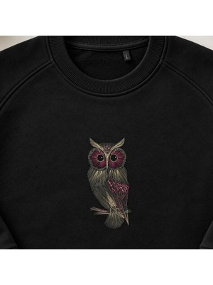 Minimal Çizgi Sanatı Baykuş Nakışlı Bisiklet Yaka Sweatshirt Unisex