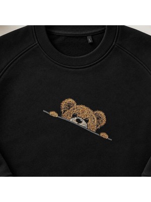 Saklanan Sevimli Oyuncak Ayı Nakışlı Bisiklet Yaka Sweatshirt Unisex