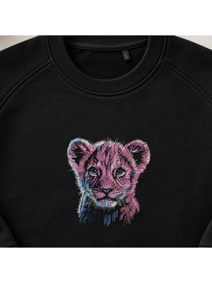 Renkli Yavru Aslan Nakışlı Bisiklet Yaka Sweatshirt Unisex