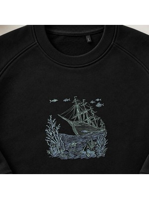 Batık Gemi Okyanus Nakışlı Bisiklet Yaka Sweatshirt Unisex