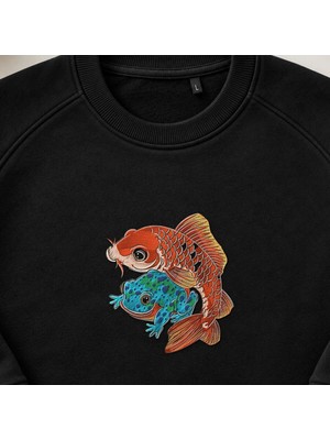 Koi Balığı ve Kurbağa Nakışlı Bisiklet Yaka Sweatshirt Unisex