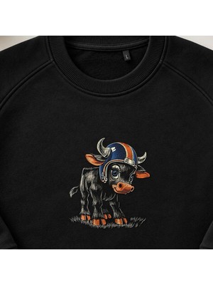 Viking Kasklı Sevimli Boğa Nakışlı Bisiklet Yaka Sweatshirt Unisex