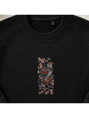 Sakura Dallı Kartal Nakışlı Bisiklet Yaka Sweatshirt Unisex