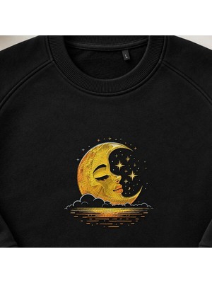Hilal ve Yıldızlı Ay Yüzü Nakışlı Bisiklet Yaka Sweatshirt Unisex