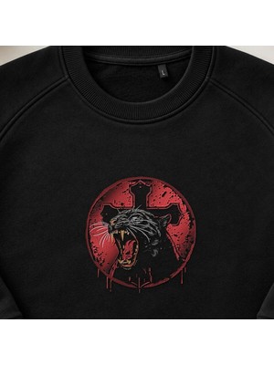 Gotik Haç Kükreyen Panter Nakışlı Bisiklet Yaka Sweatshirt Unisex
