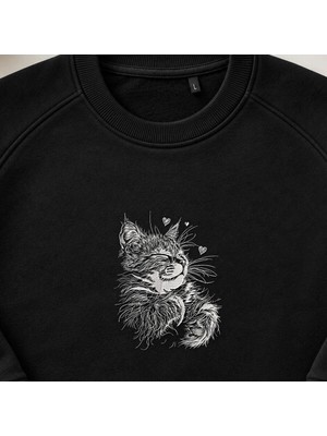 Uyuyan Sevimli Yavru Kedi Nakışlı Bisiklet Yaka Sweatshirt Unisex