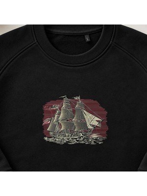 Vintage Korsan Yelkenli Gemi Nakışlı Bisiklet Yaka Sweatshirt Unisex