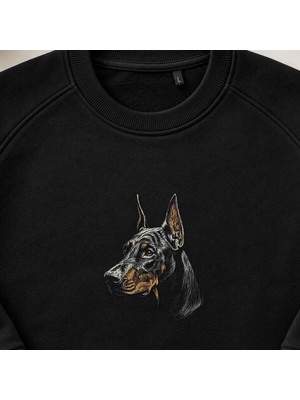 Gerçekçi Doberman Köpek Portre Nakışlı Bisiklet Yaka Sweatshirt Unisex