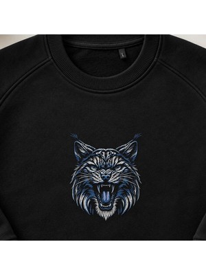 Kükreyen Vaşak Kafası Nakışlı Bisiklet Yaka Sweatshirt Unisex