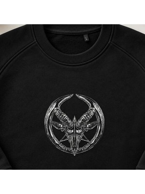 Pentagram Keçi Kafatası Gotik Nakışlı Bisiklet Yaka Sweatshirt Unisex