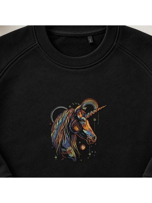 Kozmik Gökkuşağı Unicorn Nakışlı Bisiklet Yaka Sweatshirt Unisex