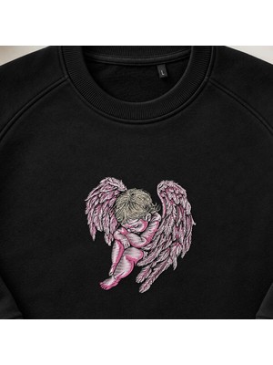 Kanatlı Uyuyan Melek Nakışlı Bisiklet Yaka Sweatshirt Unisex