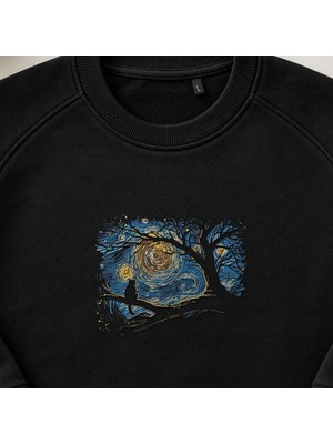 Yıldızlı Gece Kedi Silüeti Nakışlı Bisiklet Yaka Sweatshirt Unisex