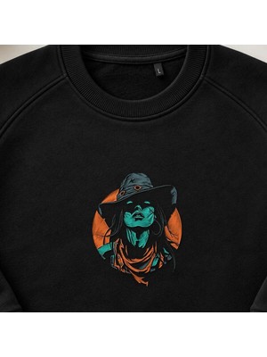 Boho Vintage Kovboy Kız Nakışlı Bisiklet Yaka Sweatshirt Unisex