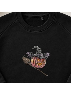 Yarasalı Balkabağı Cadı Nakışlı Bisiklet Yaka Sweatshirt Unisex