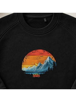 Gün Batımı Dağ Karavanı Retro Nakışlı Bisiklet Yaka Sweatshirt Unisex