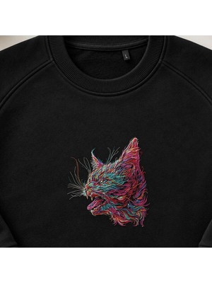 Gökkuşağı Renkli Kedi Nakışlı Bisiklet Yaka Sweatshirt Unisex