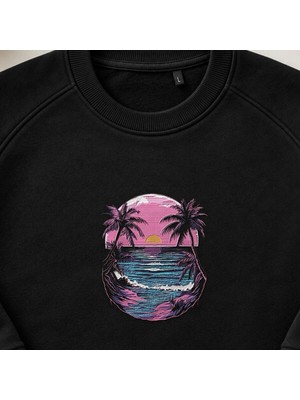 Retro Tropik Gün Batımı Plaj Nakışlı Bisiklet Yaka Sweatshirt Unisex