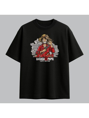Luffy One Piece La Casa De Papel Anime Nakışlı Tişört Unisex %100 Pamuk