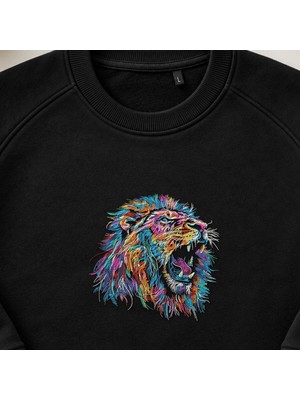 Soyut Kükreyen Aslan Nakışlı Bisiklet Yaka Sweatshirt Unisex