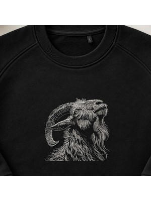 Görkemli Dağ Keçisi Nakışlı Bisiklet Yaka Sweatshirt Unisex