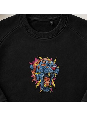 Elektrikli Kükreyen Panter Nakışlı Bisiklet Yaka Sweatshirt Unisex