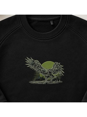 Kulübe Manzaralı Yeşil Kartal Nakışlı Bisiklet Yaka Sweatshirt Unisex